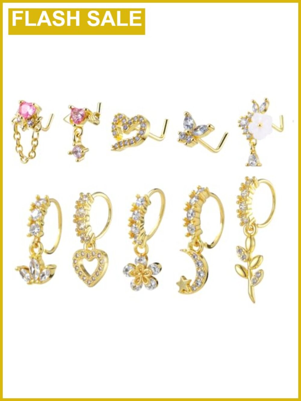 Dangle Nose Rings 20G L Shaped Nose Studs Copper Zircon Piercing Jewelry Set